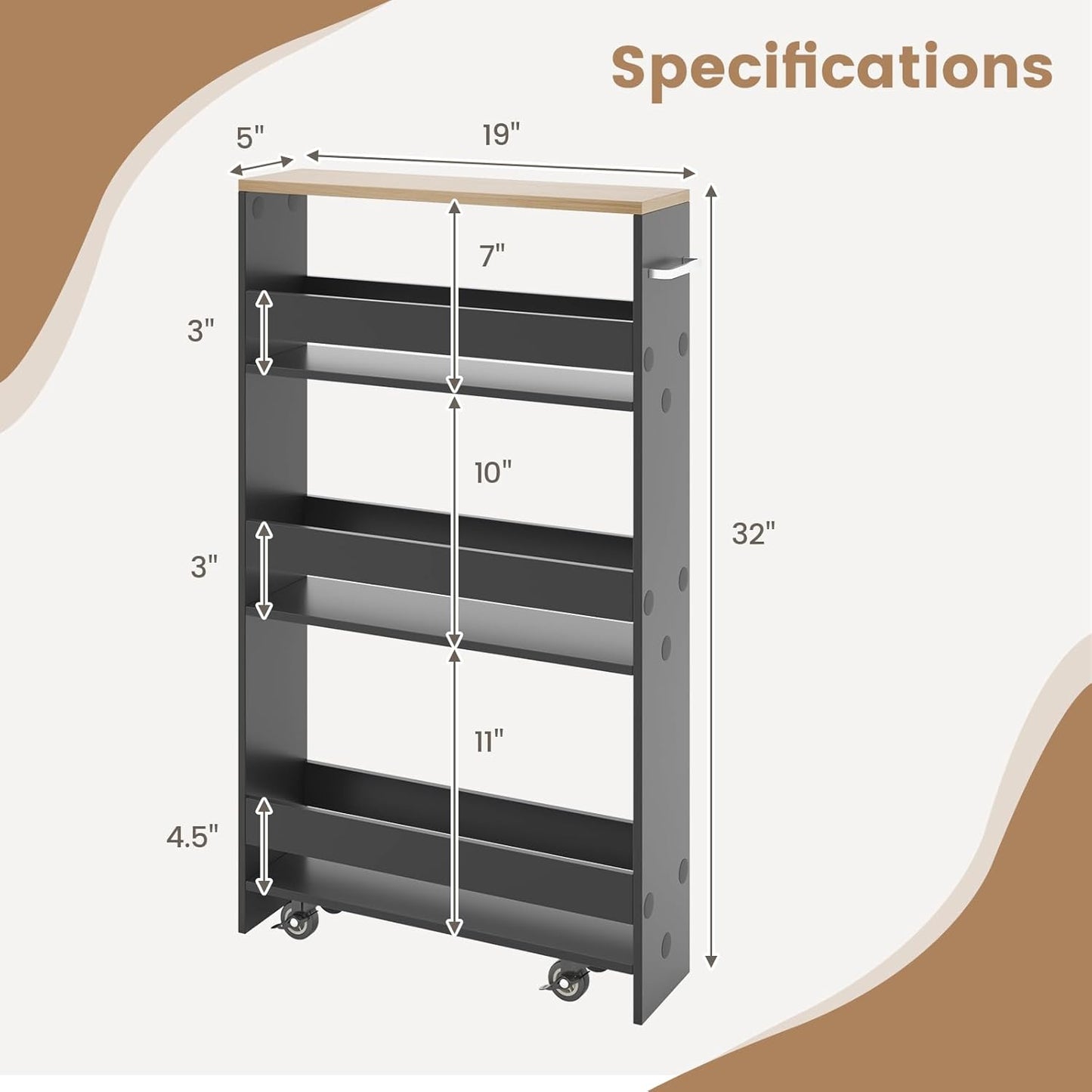 Slim Rolling Storage Cart, 4 Tier Narrow Kitchen Cart with Wheels, Between Washer and Dryer Cart, Wood Shelving Unit Organizer w/Handle for Small Spaces (Grey & Natural, 5-Inch)