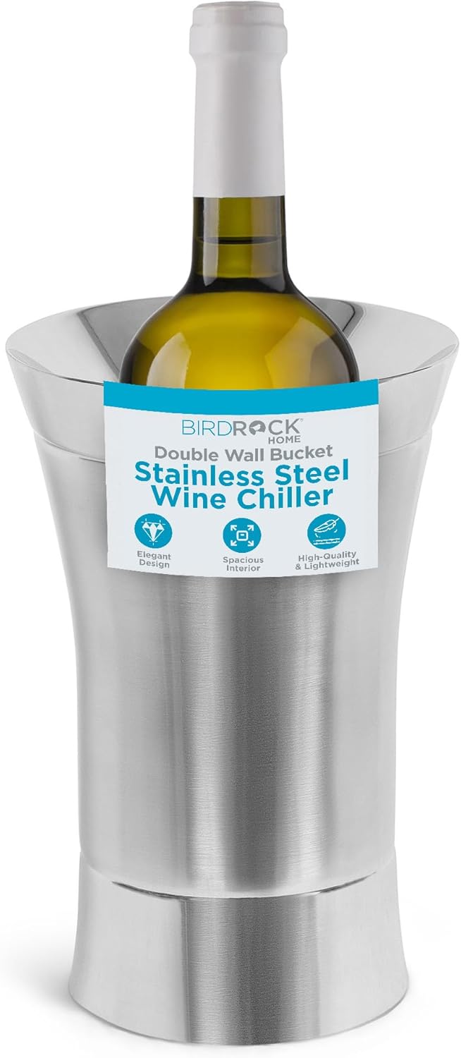 BirdRock Home Stainless-Steel Wine Chiller - Elegant Double Wall Bucket - Single Insulated Bottle Holder - Wine or Champagne Cooler for Table - Wine Accessories - Indoor or Outdoor - Silver