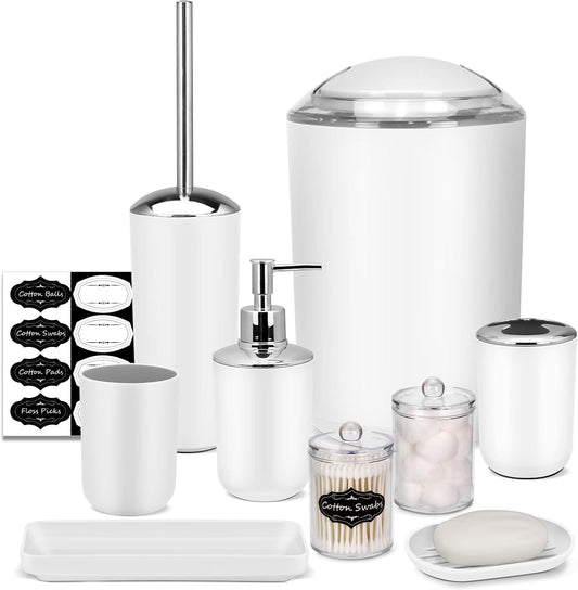 White Bathroom Set,9 Piece Bathroom Accessories Set,Tray,Soap Dispenser,Toothbrush Holder,Toothbrush Cup,Soap Dish,Toilet Brush,Qtip Holders,Trash Can for Bathroom Décor and Housewarming Gifts