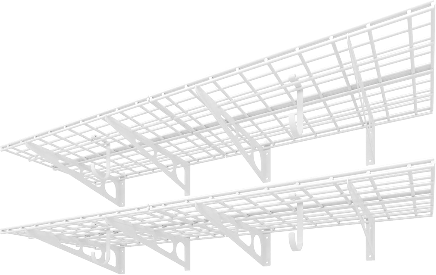 FLEXIMOUNTS 2-Pack 2x6ft Garage Shelving with Hooks 24-inch-by-72-inch Wall Shelf Garage Storage Rack Floating Shelves, White, Classic Series