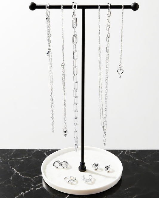 VROOMIUM Necklace Holder Stand - 6in Ceramic Base X 1ft Height, Aesthetic Decor for Bedroom, Jewelry Organizer for Necklace, Bracelets, Rings, Exhibidor de Collares- Chic White