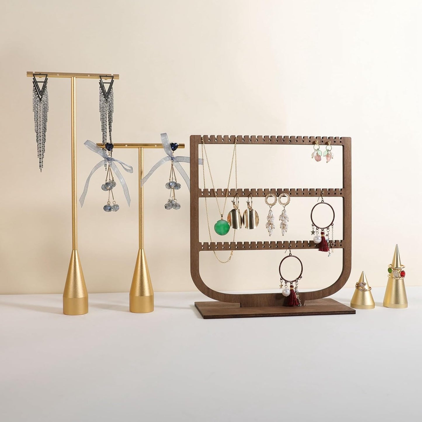 GemeShou 2pcs Gold earring display T bar stand, Big jewelry earring holders for Boutique Store, Jewelry holders high enough for long earring necklace【Gold-2pcs Height 7.9"and 11"-long horizontal bar】