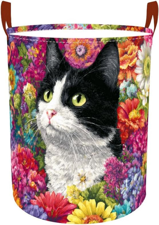 Laundry Baskets 15.7x19.7 Inch Large Cat Floral Garden Design Collapsible Laundry Hamper with Handles Oxford Fabric Clothes Storage Bin Foldable Dirty Clothes Organizer for Bedroom Bathroom Dorm