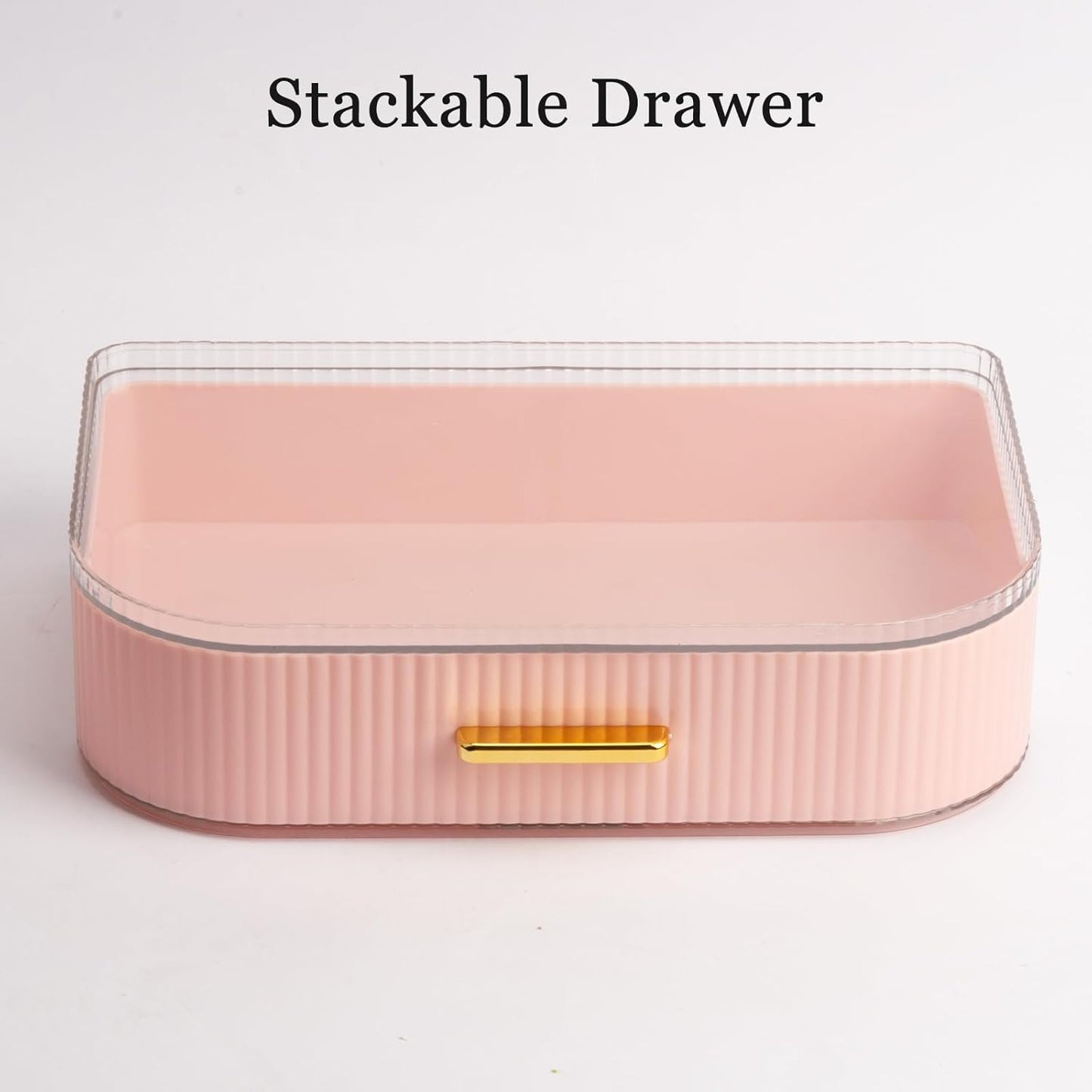 360° Rotating Makeup Organizer with Drawer, Clear Acrylic Cosmetic Storage Display, Stackable Beauty Counter (Pink, Large (Tray + 1 Drawer))