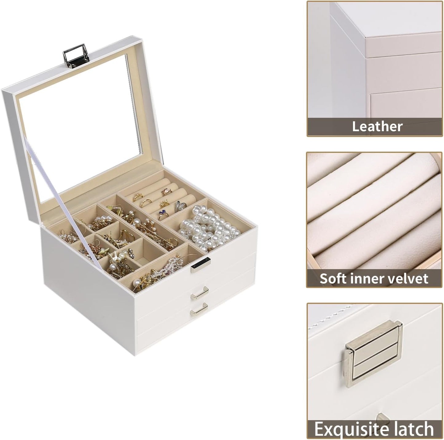 BOOVO Clear Lid Jewelry Box,3 Layers Jewelry Organizer Large Multi-Functional Jewelry Storage Box with 2 Drawers,Jewelry Display Case of Rings Earrings Necklace Bracelets for Women Girls (White)
