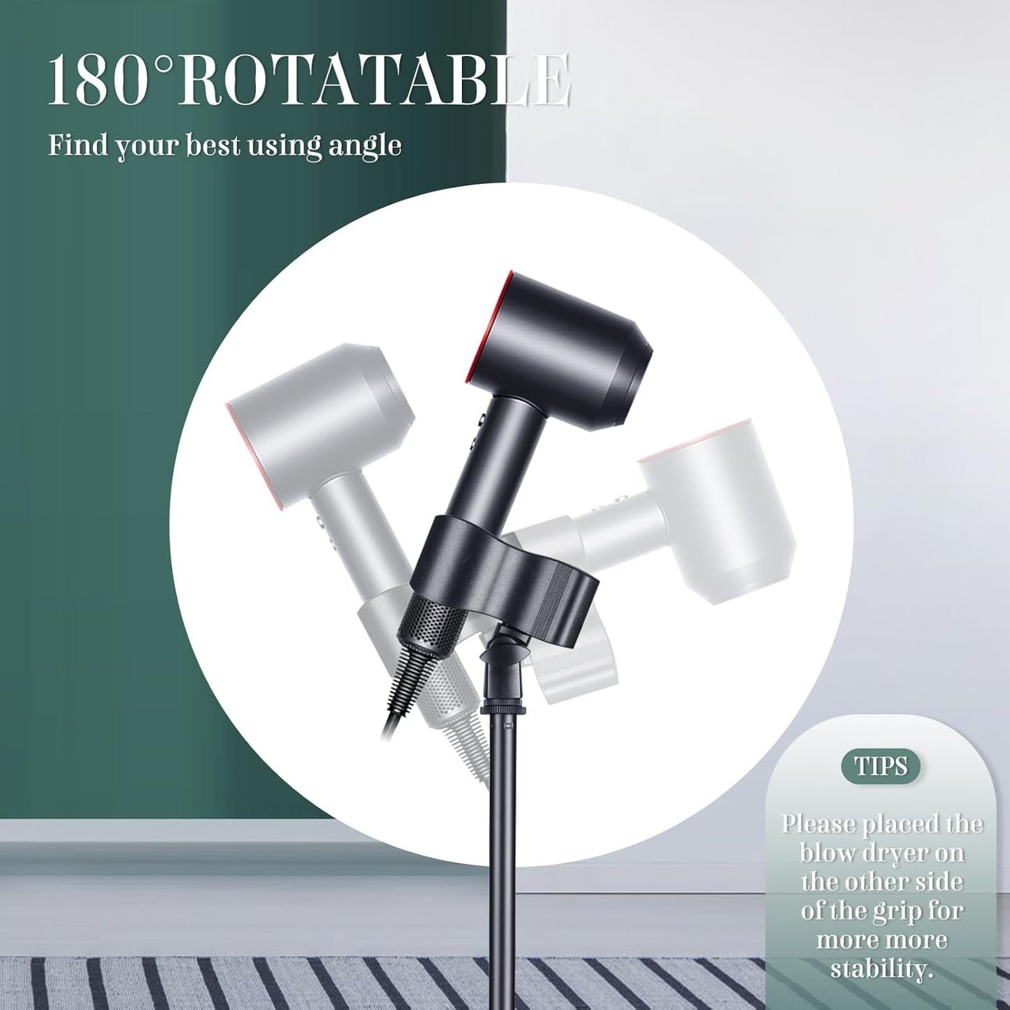 Hair Dryer Holder Hands Free 59in/150cm Height Adjustable Blower Stand with Upgraded Larger Clamp, 180 Degrees Rotatable Heavy Duty Blow Dryer Floor Stand Countertop Holder