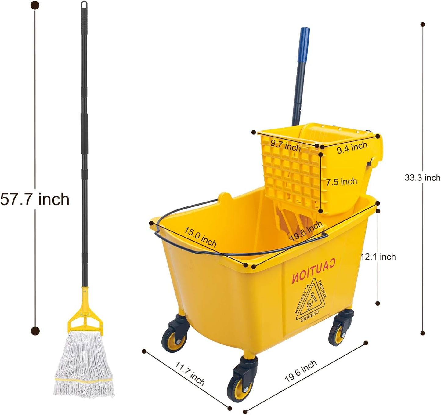 KeFanta 35 Quart Commercial Mop Bucket with Side Press Wringer on Wheels,Yellow,Include Heavy Duty Industrial Mop for Floor Cleaning,Household,Business,Restaurants and Janitorial Use