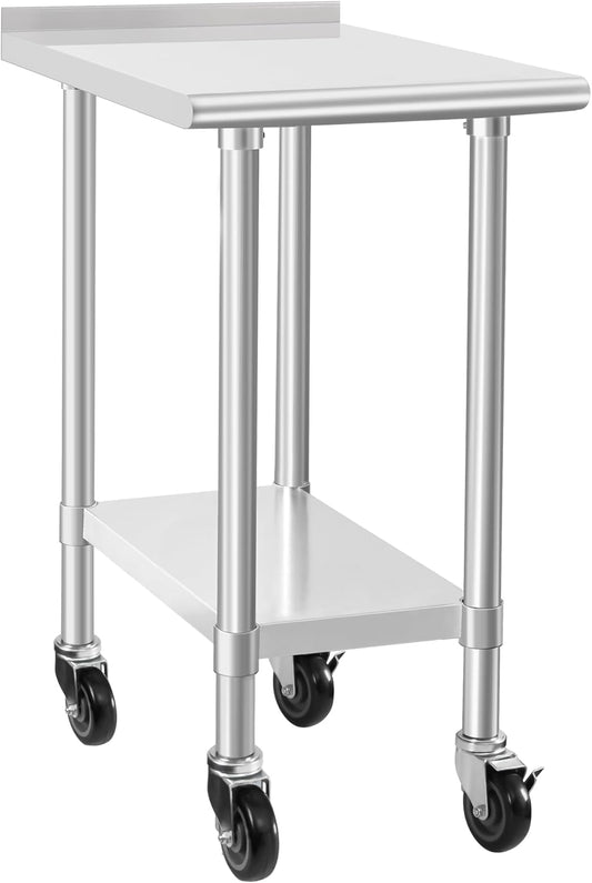 HARDURA Stainless Steel Commercial Work Table with Wheels Prep & Work Metal Table 30×18 Inches Heavy Duty NSF with Casters and 2" Backsplash