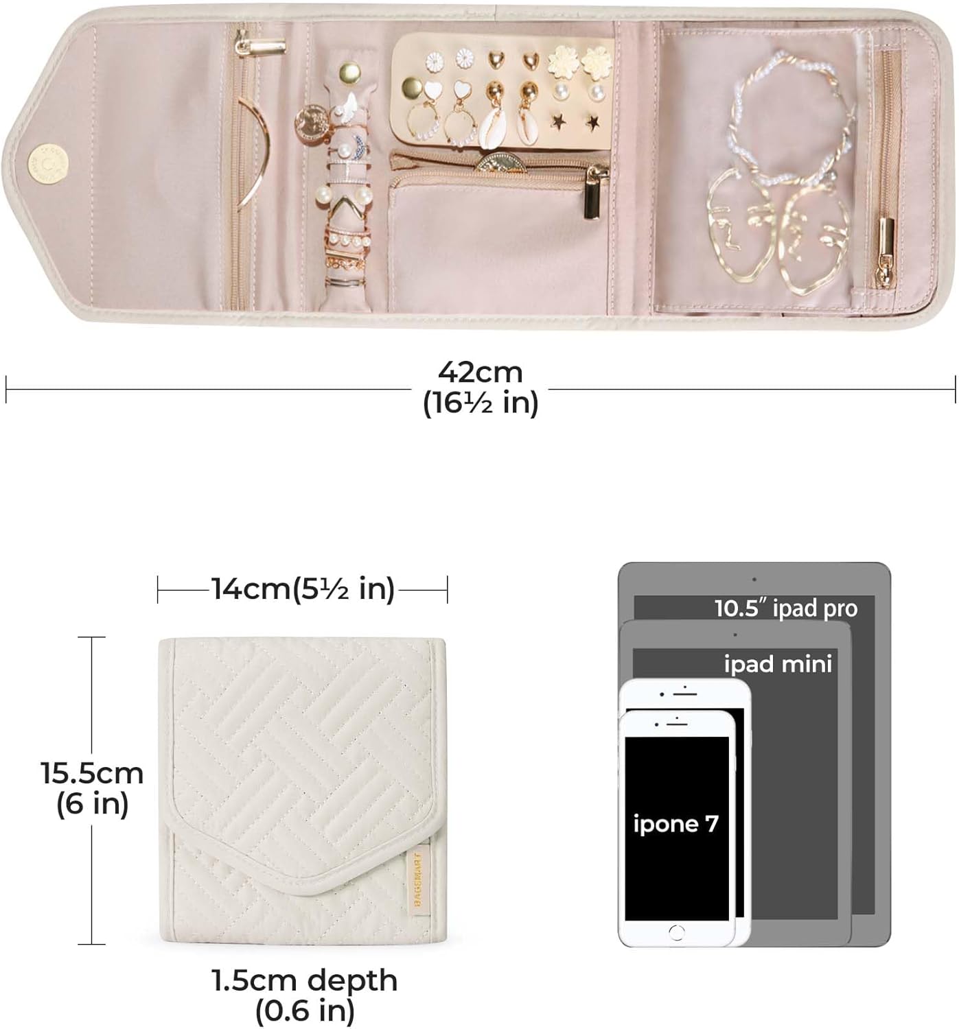 BAGSMART Travel Jewelry Organizer Case Foldable Jewelry Roll for Journey Rings, Necklaces, Earrings, Bracelets,Mini,Beige