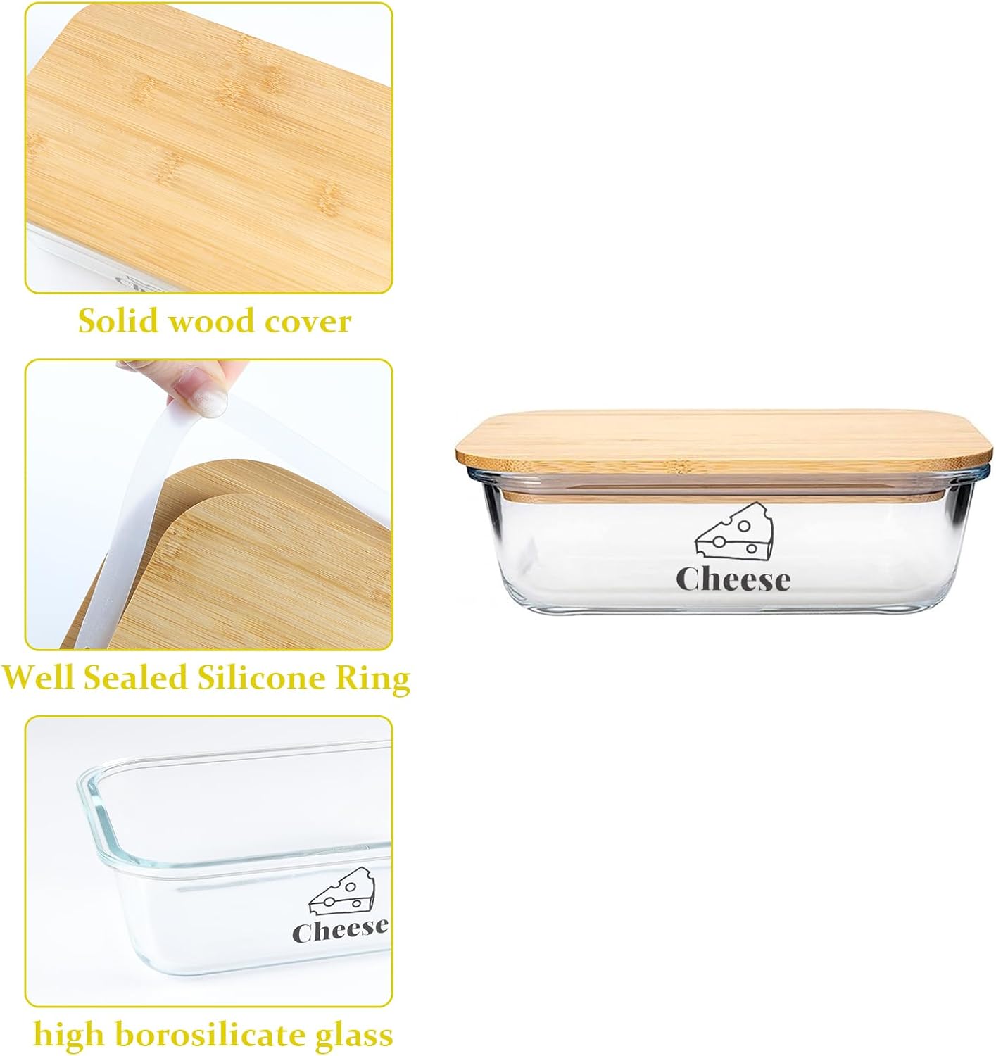 Cheese Container for Refrigerator,Glass cheese slice holder with Wooden Lid&Cheeses Cutter,Lunch Deli Meat Containers for Fridge,BPA-Free Shredded Cream Block Cheeses Storage Box keeper