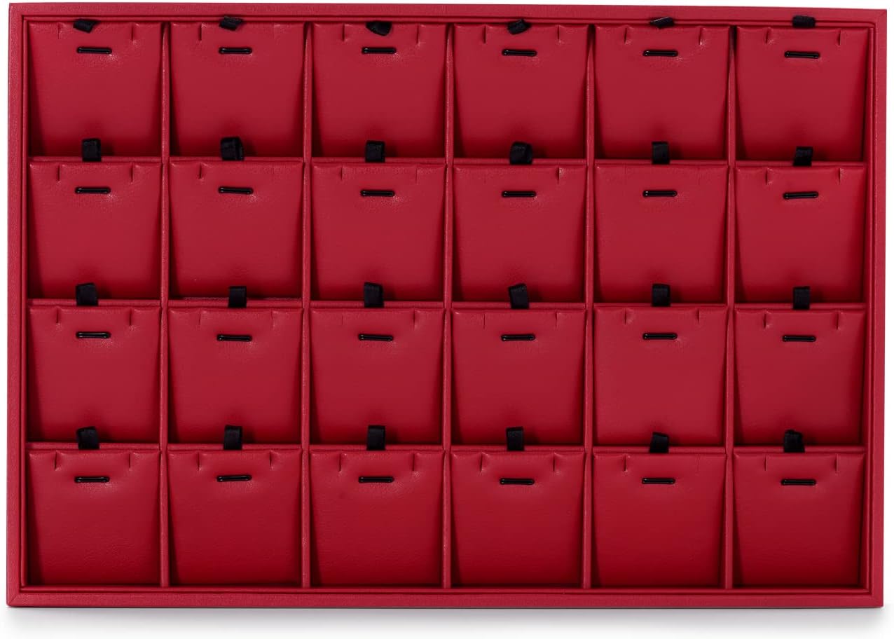 Oirlv Gorgeous Red Leather 24 Grid Jewelry Tray with Removable Inserts Jewelry Cards Stackable Necklace Trays Necklace Drawer Organizer