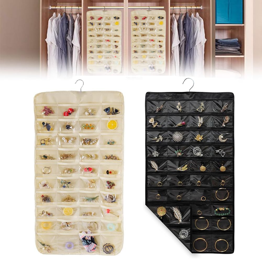3PCS Hanging Jewelry Organizer with 80 Pocket Double-Sided Jewelry Holder Storage Wall Door Closet Accessories Organizer for Earrings, Necklaces, Rings (Grey)