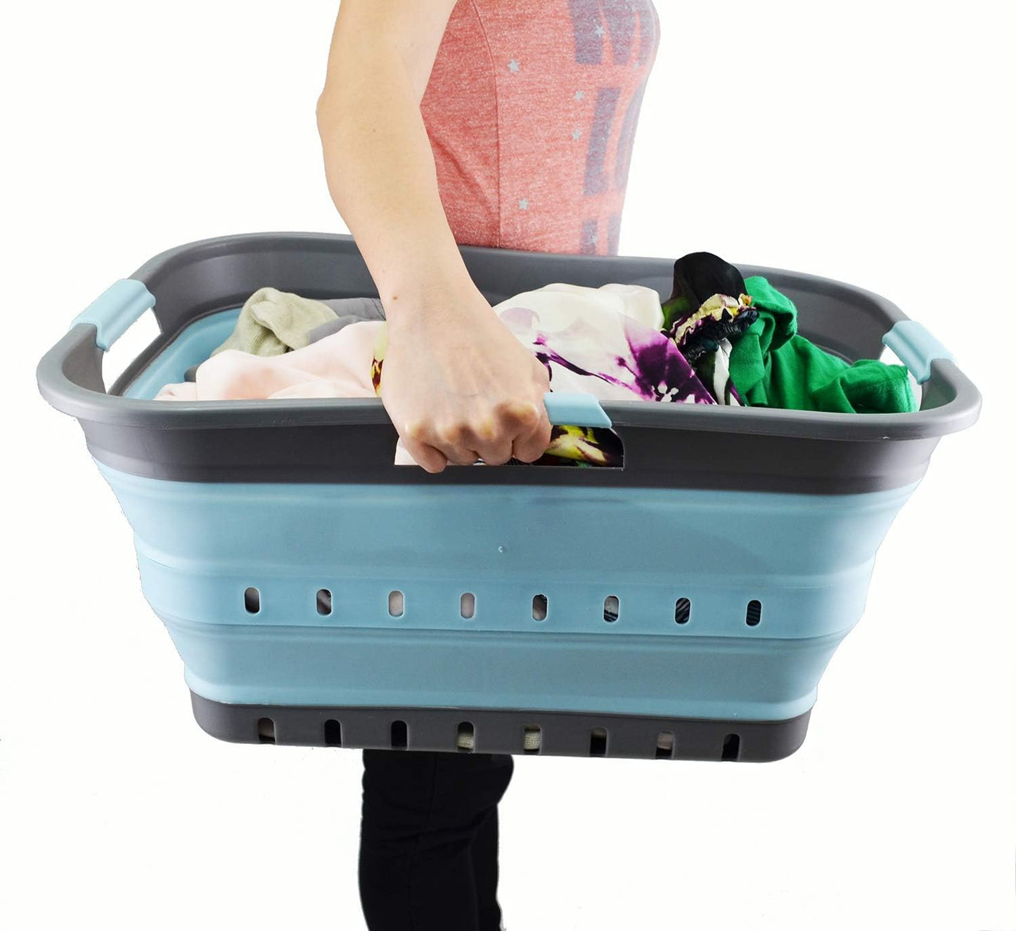 SAMMART 42L (11 gallon) Collapsible Plastic Laundry Basket - Foldable Pop Up Storage Container/Organizer - Space Saving Hamper/Basket (1, Grey/Sea Angel)