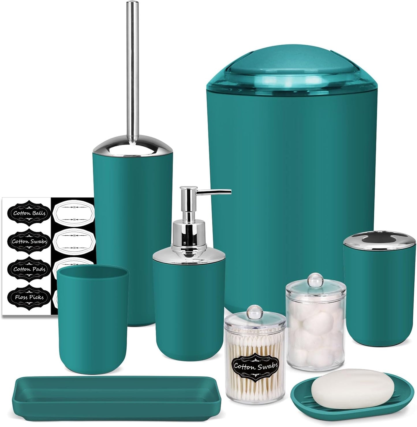 IMAVO Bathroom Accessories Set,Peacock Green Bathroom Set,9 Pieces Bathroom Accessory Set,Tray,Qtip Holders,Toilet Brush,Trash Can for Bathroom Décor and Home Gifts