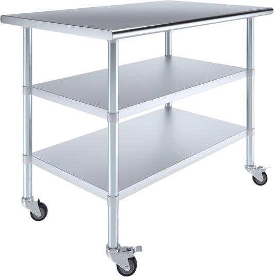 AmGood Stainless Steel Work Table with 2 Shelves and Casters | Metal Utility Table On Wheels (Stainless Steel Work Table with 2 Shelves + Casters, 48" Long x 30" Deep)