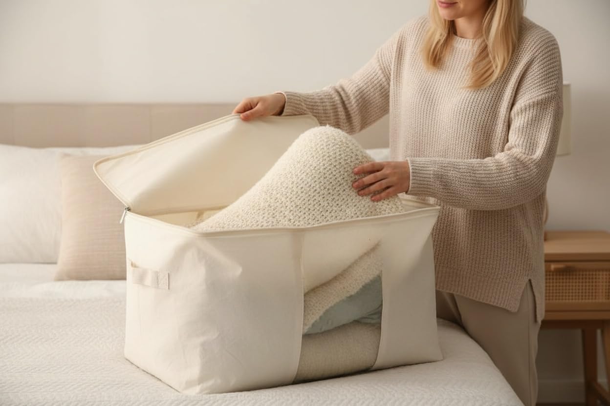 Soft Large Canvas Comforter Storage Bags with Four Carrying Handles and Clear Window, Closet Organizer for Clothing, Blankets Sheets Pillows and Bedding, 80L, 6 Pack, White