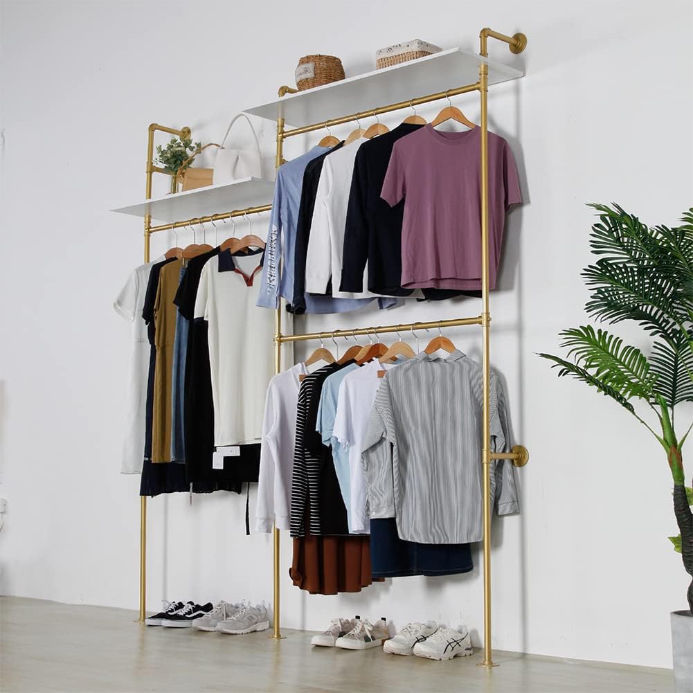 Industrial Pipe Clothing Rack Wall Mounted, Heavy Duty Hanging Clothes Rack Clothing Store Display Stands Garment Rack Closet System, 2 Tier Wood Garment Rack (Gold, 96.5x80.7inch)