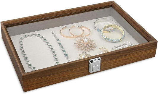 MOOCA Jewelry Display Case, Display Case Accessories Storage Box with Tempered Glass Hinge Lid, Jewelry Tray for Collectibles, Walnut Color, 14.1W x 10.2D x 2.1H in