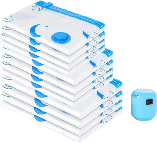 12 Pack Vacuum Storage Bags, Space Saver Bags (4 Jumbo/4 Large/4 Medium/1 Automatic Pump) Compressed Storage Bags for Clothing, Comfort Items and Blankets