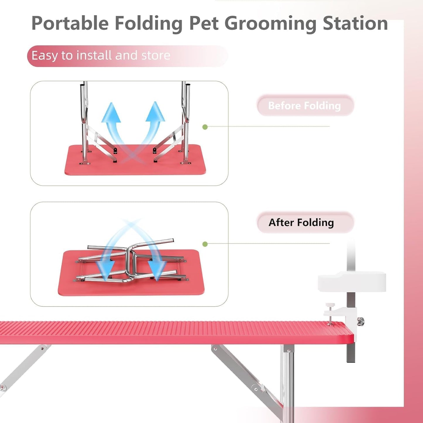 47'' Dog Grooming Table for Large Dogs, Foldable Grooming Table for Dogs at Home with Adjustable Arm & Clamp, Non-Slip Waterproof Top, Mesh Tray & Tool Holder, Stainless Steel Legs, 330LBS Capacity