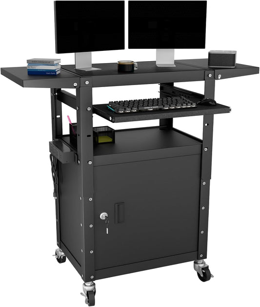 Mobile AV Cart with Pullout Keyboard Tray, Rolling Computer Cart Height Adjustable Rolling Media Utility Cart with Extra Storage Space, 4 Outlets, Perfect for Home or Office Use