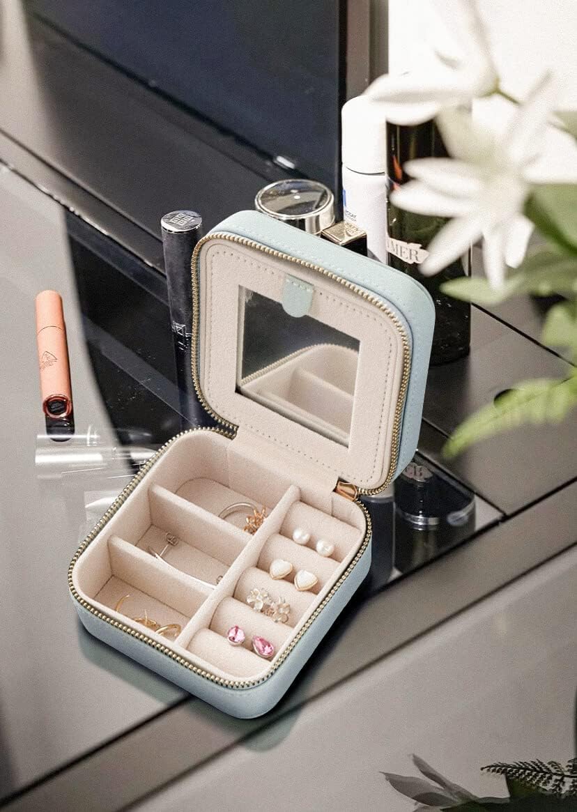 S.Leaf Travel Jewelry Organizer Boxes for Women Small Portable Necklace Earrings Bracelet Rings Travel Case Best Friend Birthday Gifts for Women Trendy (02_Lychee_Haze_Blue)