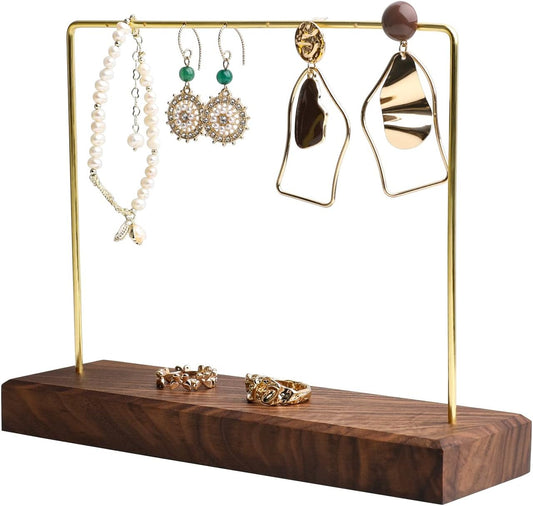 GemeShou Walnut Earring holder for selling, Brass earring stands and displays for show, Wood Jewelry Storage hanging shelf for Girl Woman【Walnut U Shelf Height 5.91"-Small】