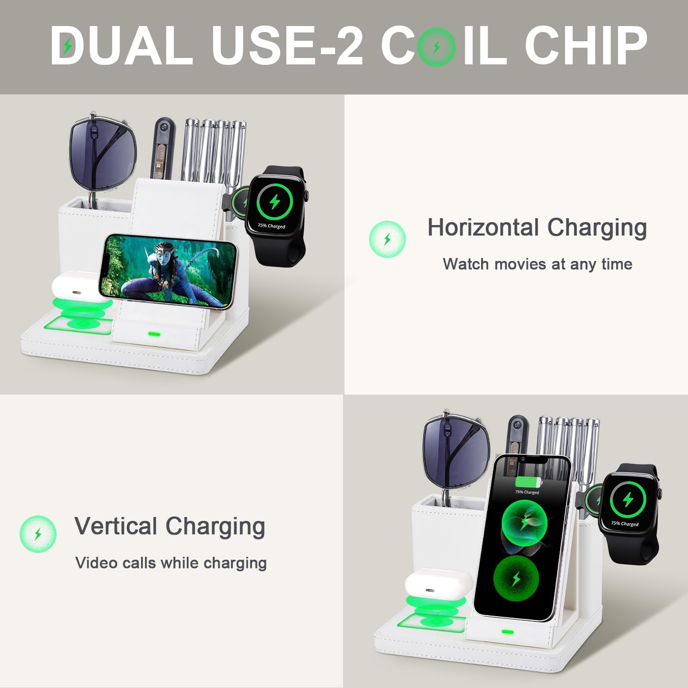 Leather Desk accessories Pen Holder with 3-in-1 Wireless Charger for Phone, Earbuds, Watch Multifunctional Desktop Phone Stand for Office and Home,birthday gifts,gifts for him (white)