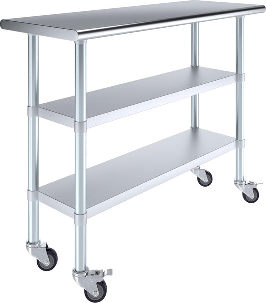AmGood Stainless Steel Work Table with 2 Shelves and Casters | Metal Utility Table On Wheels (Stainless Steel Work Table with 2 Shelves + Casters, 48" Long x 18" Deep)