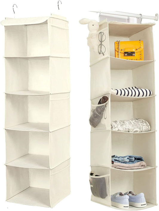 5 Shelves Hanging Closet Organizer, 2 Pack Hanging Storage with 6 Side Pockets for Clothes Shoes, 43"x12"x12"(Beige)
