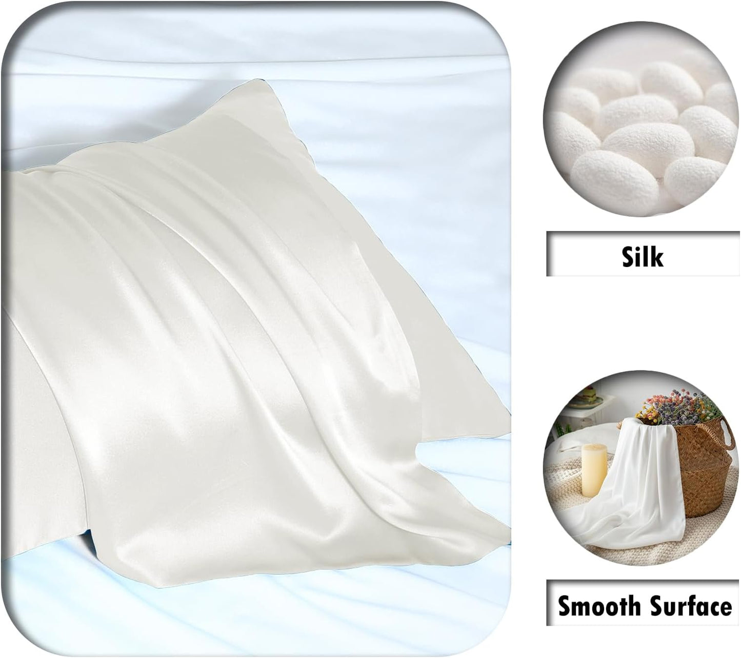 Mulberry Silk Pillow Cases for Hair and Skin Queen Size Silk Pillowcase with Zipper Soft Breathable Smooth Cooling Satin Silk Pillow Covers for Sleeping (Ivory,20"X 30",1Pcs)