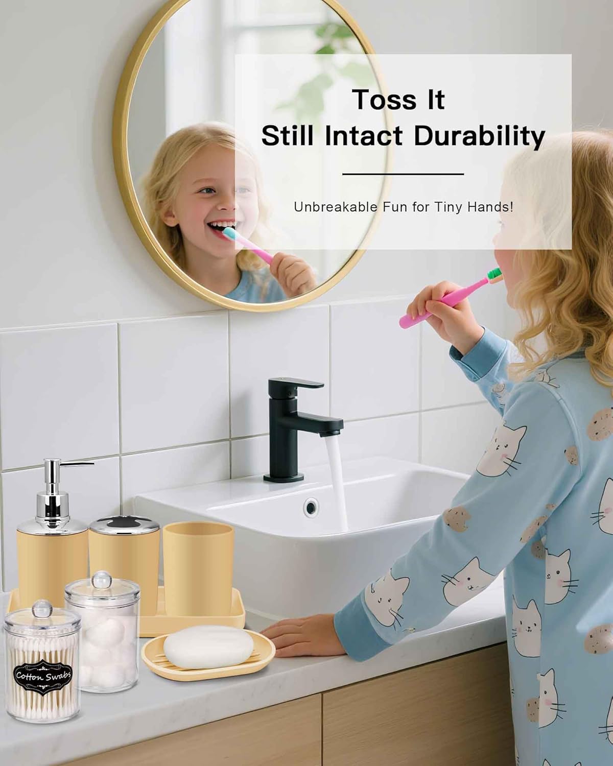IMAVO Bathroom Accessories Set,Yellow Bathroom Set,9 Pieces Bathroom Accessory Set,Tray,Qtip Holders,Toilet Brush,Trash Can for Bathroom Décor and Home Gifts
