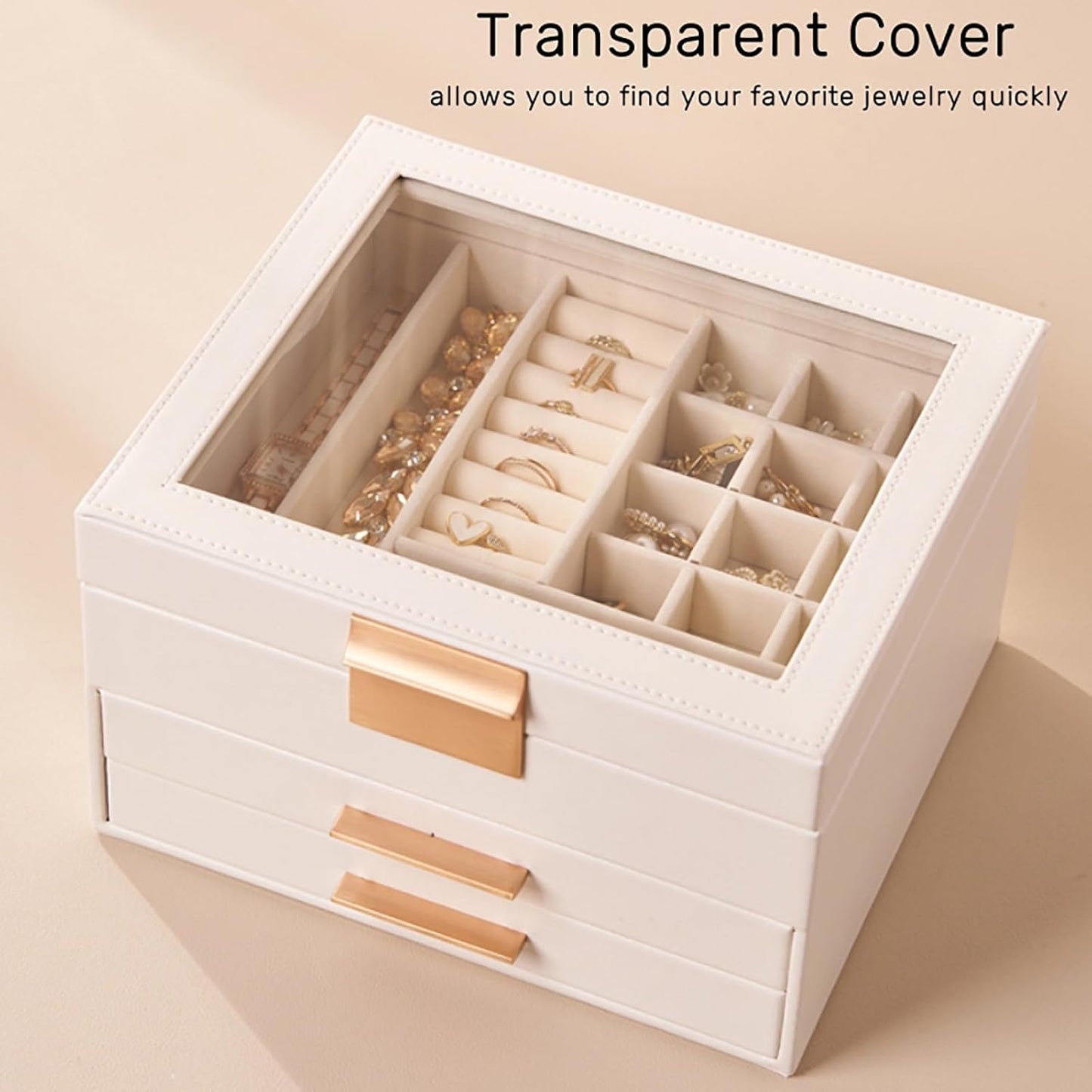 Jewelry Box Organizer with Glass Lid, 3-Layer Jewelry Storage, with 2 Drawers, Modern Style, 8 x 9.1 x 5.3 Inches (Brown)