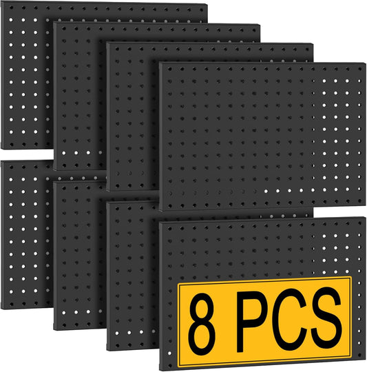 PBHEPJ 8 Pcs Metal Pegboard Panels, Heavy Duty Peg Boards for Garage and Garden Tool Storage, Includes Drywall Anchors and Screws Kits, Black (8 pcs 16in x 12in)