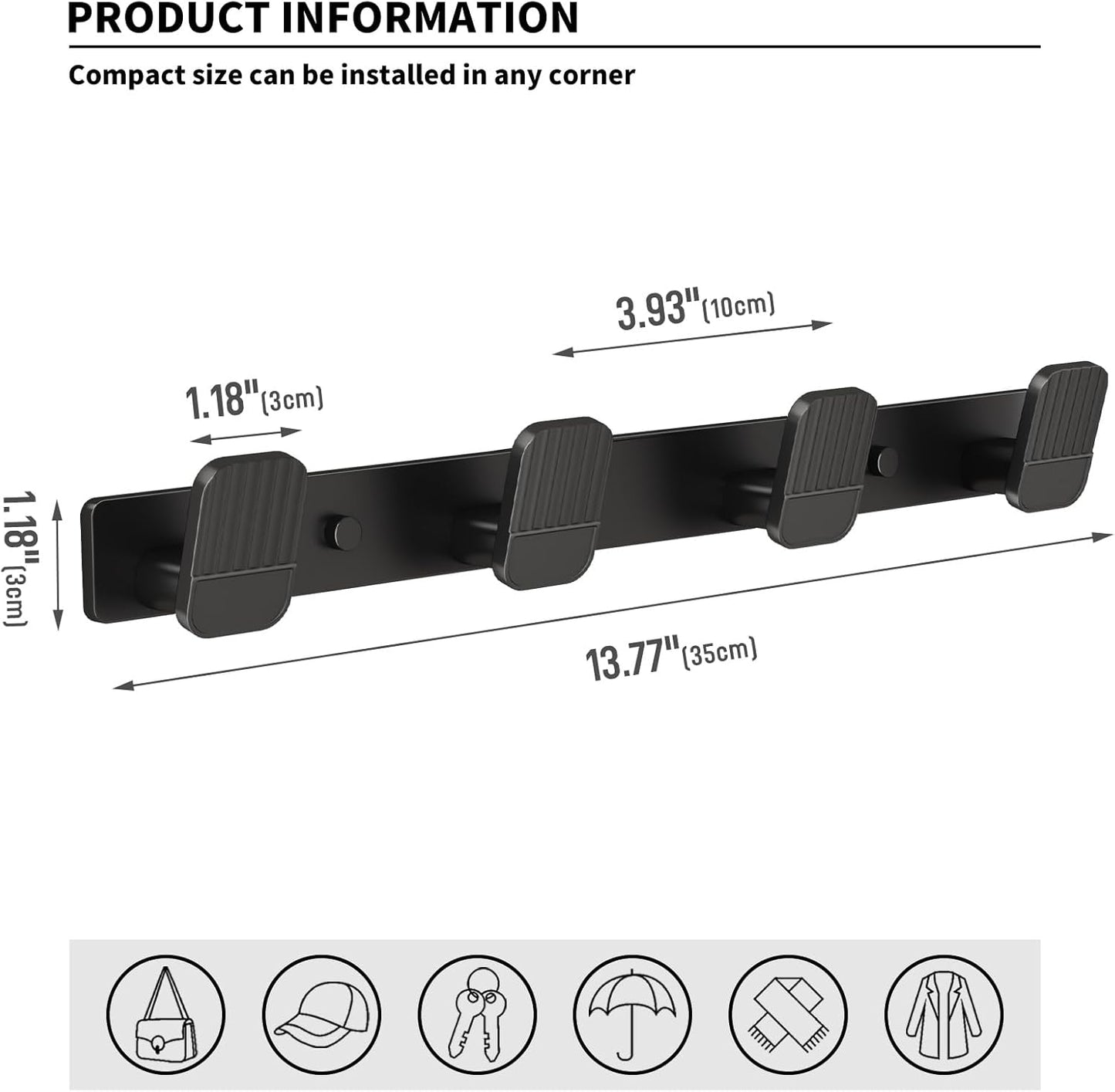 Coat Rack Wall Mount Coat Hooks - Black Hook Rack Wall Mount with 4 Hooks Aluminum Wall Rack Hooks for Hanging Coat Hat Bag Towel Hanger Rustproof Coat Holder