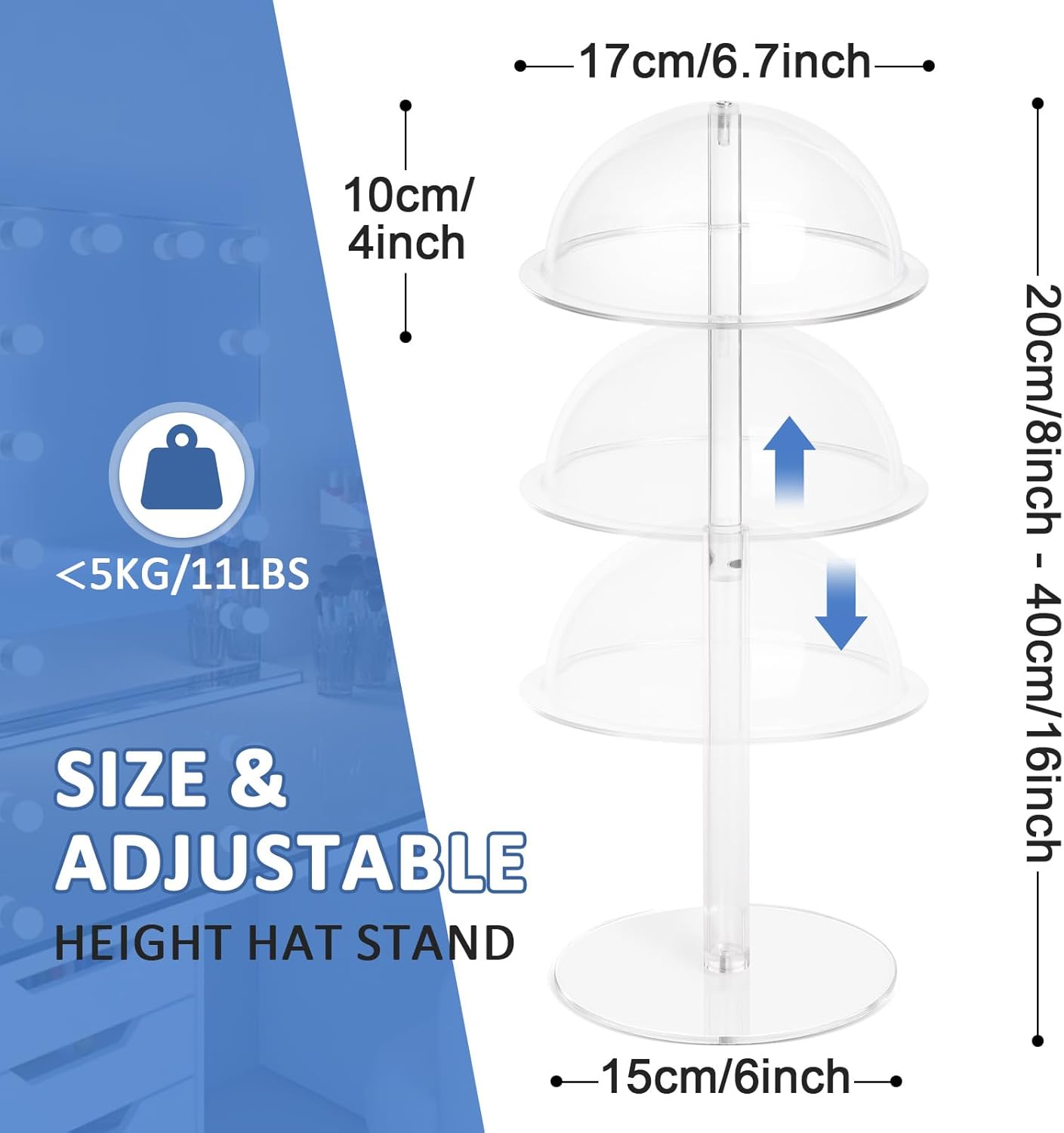 2PCS Acrylic Hat Stand and Wig Display Rack with Height Adjustable, Clear Dome Tabletop Hat Stand Cap, Sun Hat Holder Stand, Cowboy Hat Holder Baseball Cap Rack for Display