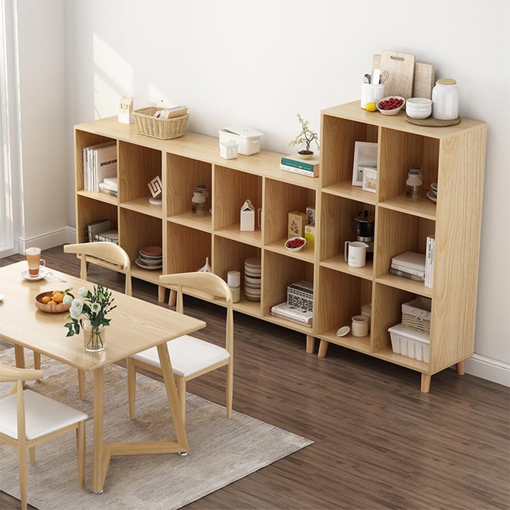 IOTXY Open Cube Low Bookcase - 3-Tier Freestanding Storage Display Cabinet Organizer with Legs for Home Office, 9-Cubes Open Shelf Short Bookshelf, Oak