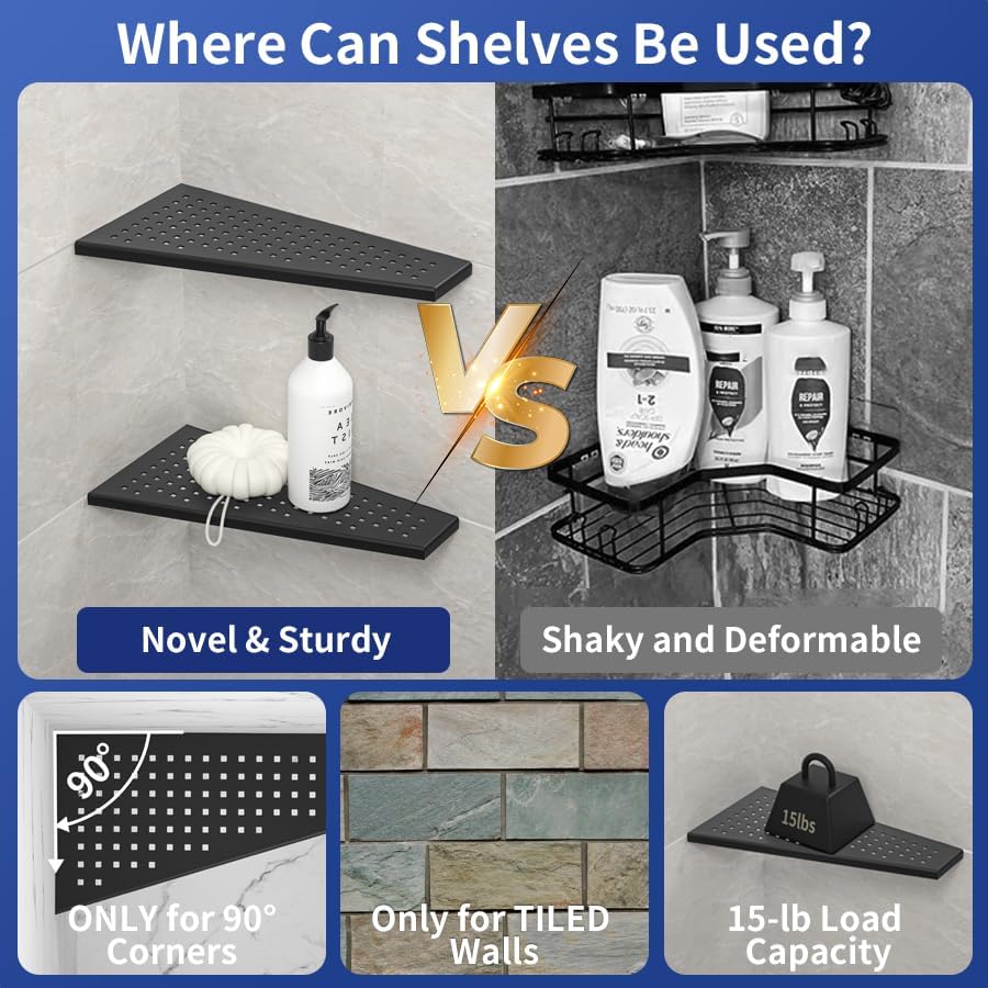 Corner Shower Shelf, Matte Black 12" Trapezoid Grout in Shampoo Shelf, 304 Stainless Steel Grid Design Recessed Bathroom Shelf for Tiled Wall