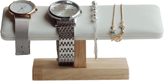 Wooden Watches Display Stands Base Watch Necklace Bracelet Organizer Rack Bangle Scrunchie Headband Showcase Stands Exterior Beige PU