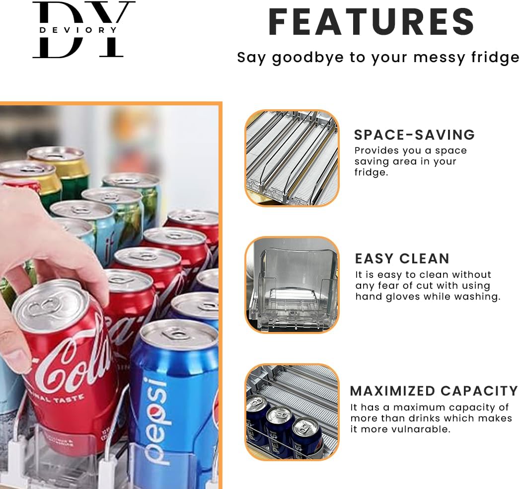 Soda Can Organizer with Automatic Can Pusher | Refrigerator Drink Organizer | Beverage Dispenser for Soda, Cans and Bottles | Space-Saving | Stainless Steel | Adjustable Sizes (5 Rows)