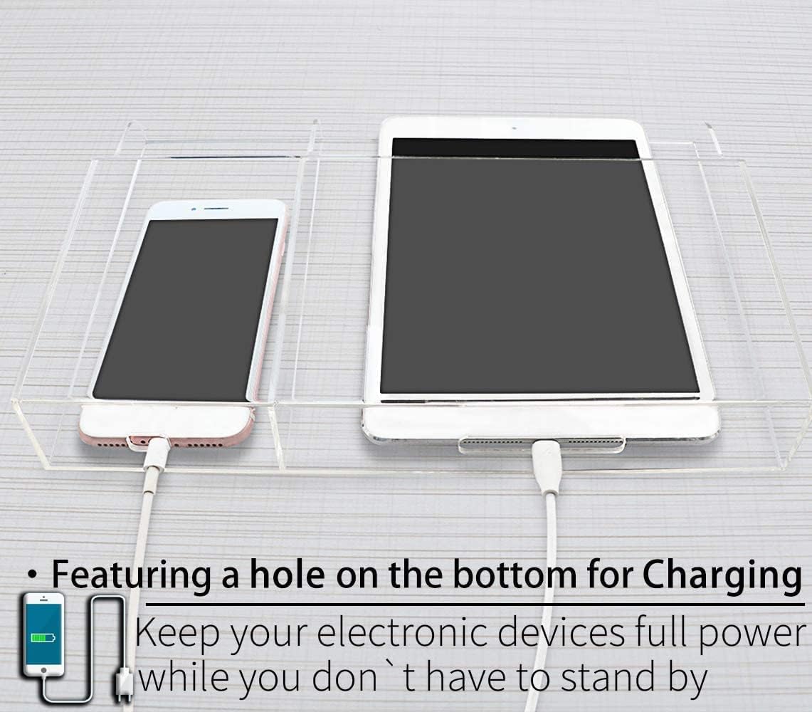Clear Wall Tablet Holder Acrylic Wall Mounted Phone Holder for iPad, Remote Control Holder Laptop Stand for eReader Storage Caddy with Charging Holes for Kindle iPhone