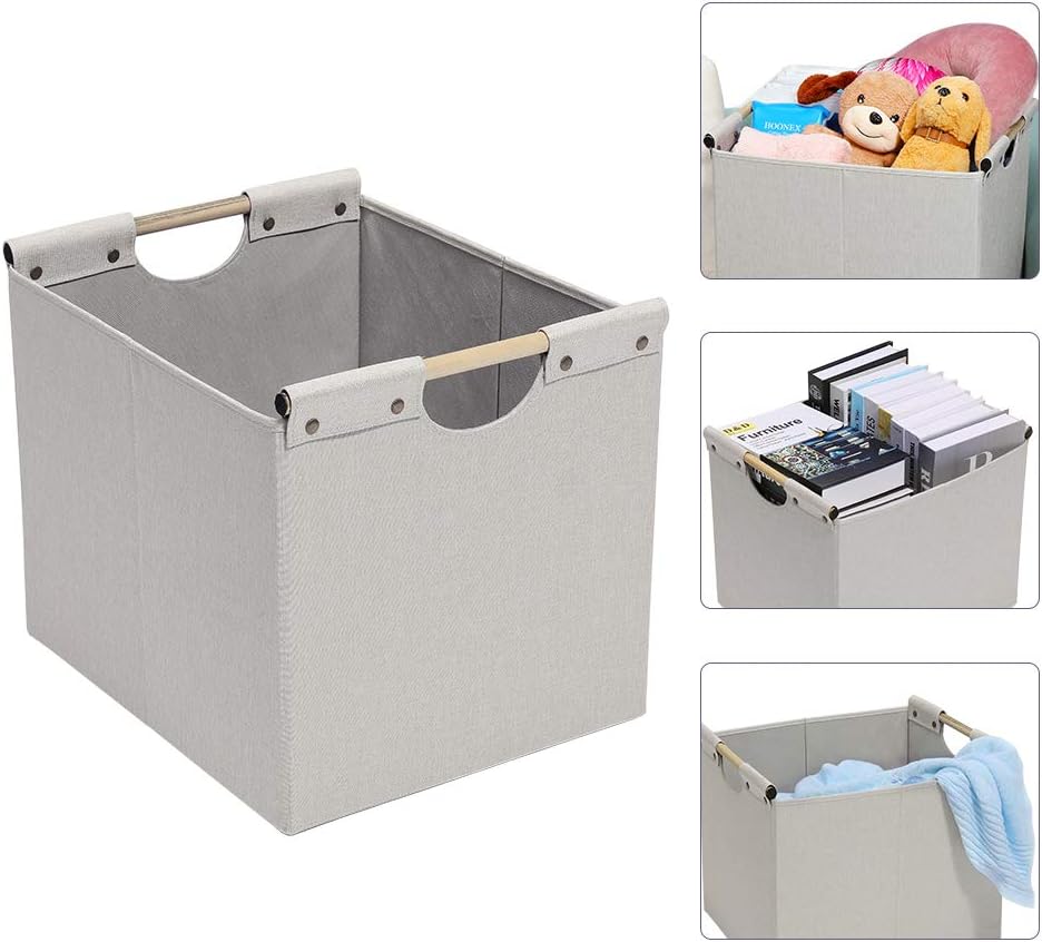 HOONEX Large Foldable Storage Bins, Linen Fabric, 2 Pack, with Wooden Carry Handles and Sturdy Heavy Cardboard, for Home, Office, Car, Nursery, Beige