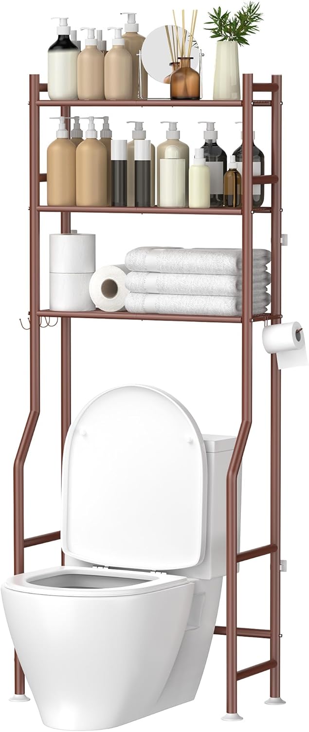 3-Tier Over The Toilet Storage, Space Saver Metal Bathroom Shelves, Freestanding Above Over Toilet Storage Shelf with 4 Hooks for Bathroom, Bronze
