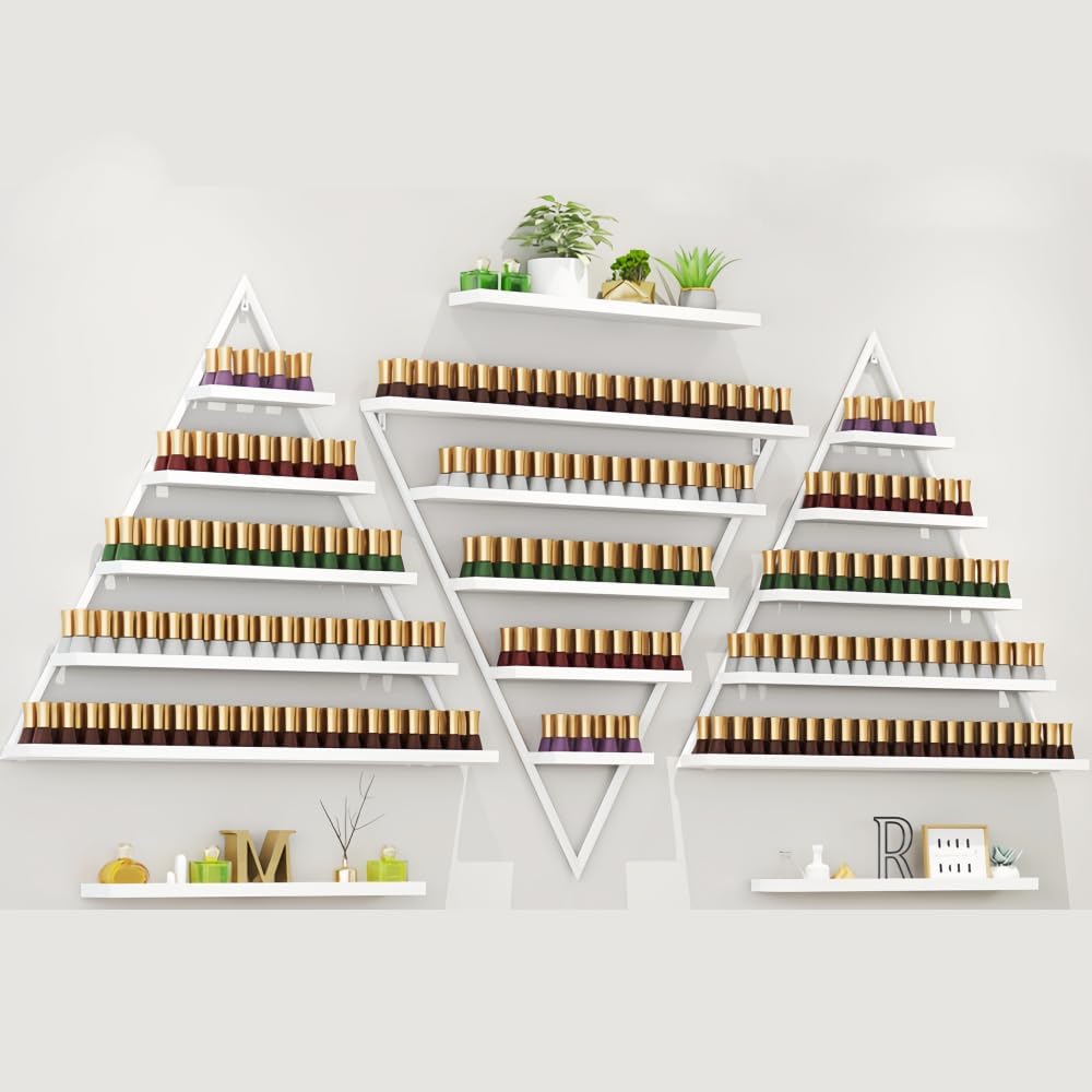 Elegant Gold Wall Mounted Nail Polish Rack - Set of 6 Triangular Cosmetic Display Shelves for Essential Oil Bottles, Organize Your Lipsticks and Perfumes in Style at Home or Salon (White)