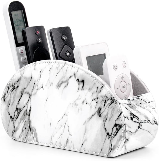 Remote Control Holders Organizer Box with 5 Compartment PU Leather Multi-functional Office Desk Storage Caddy Store Tv Remote for Media Player,Brush,Pencil,Glassees&Office Supplies (Marble)