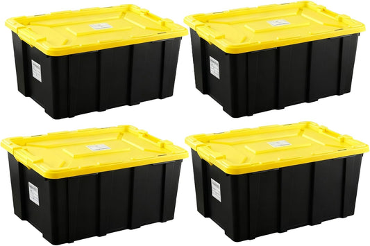 4-Pack Industrial Tote, Plastic Storage Container Bins with Lids, 27 Gallon - Heavy-Duty Organizing Containers for Home, Warehouse, and Transport