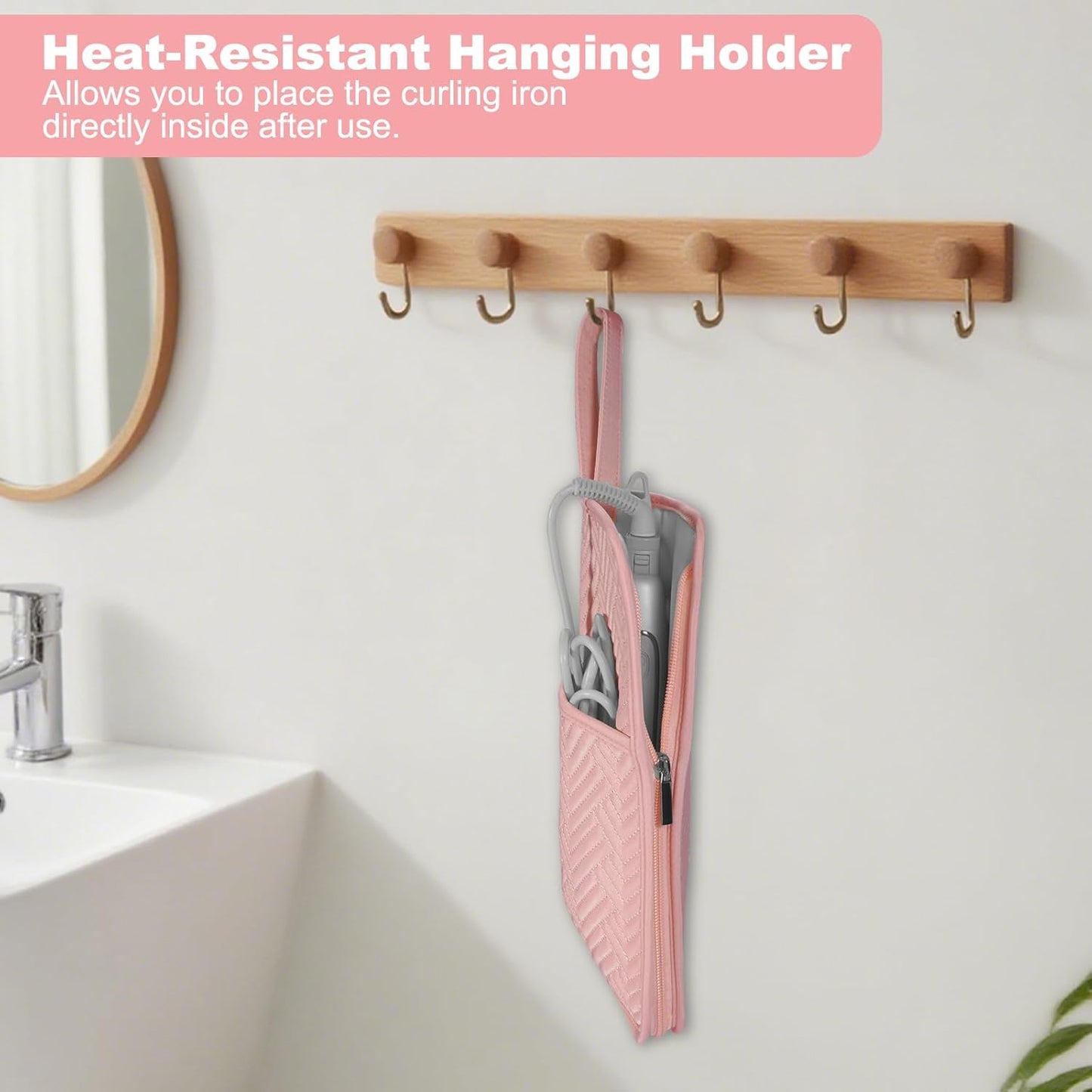 SITHON Hot Iron Holder & Mat, Heat Resistant Hair Tools Travel Bag Portable Hot Tools Organizer Cover Pouch for Curling Irons, Flat Irons, Hair Straightener and Styling Tools (Bag Only) (Pink)