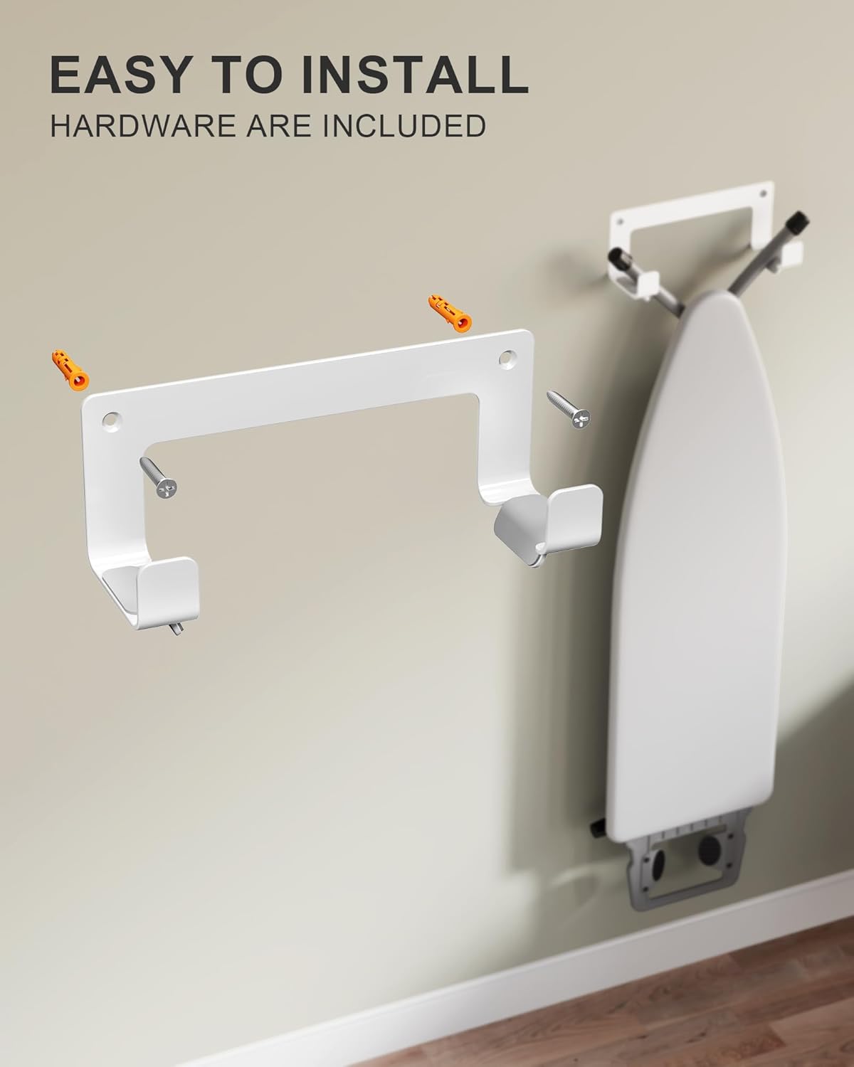 2PC Ironing Board Hanger Wall Mount Stainless Steel, Y T Leg Ironing Board Holder Wall Mount for Laundry Room, Iron Board Hooks for Wall Heavy Duty White