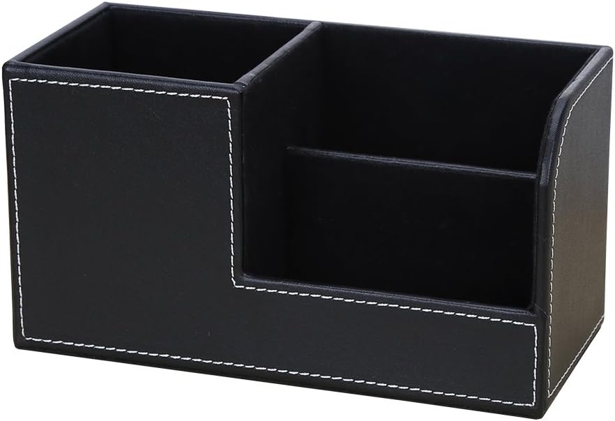 KINGFOM Desk Organizer Office Supplies Caddy Pu Leather Multi-function Storage Box Pen/Pencil,Cell phone, Business Name Cards Remote Control Holder Black