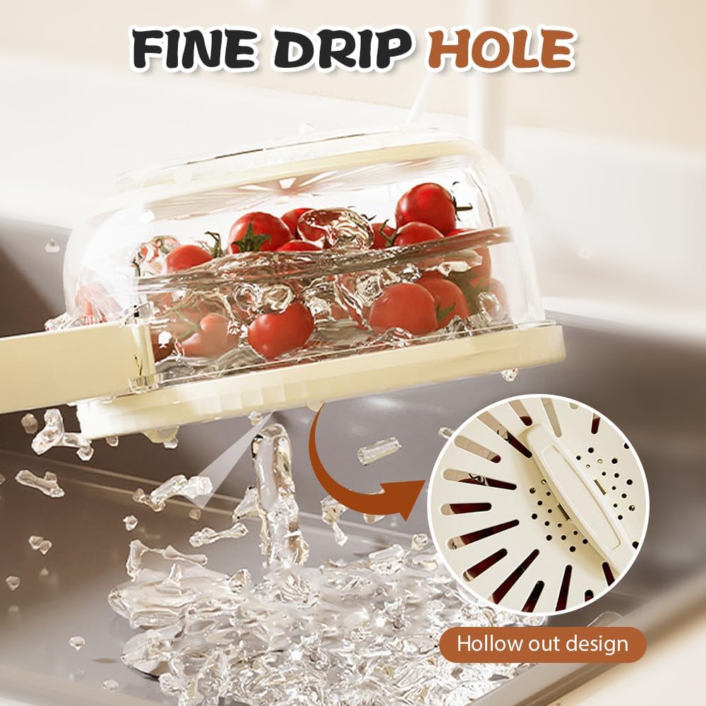 Multi-Functional Fruit and Vegetable Washing Bowl, Fruit Strainer Container with Lid, 2 In 1 Sealed Drainer Basket, Drainer and Freshness Basket, Kitchen Tool with Foldable Handle (White 2pcs)